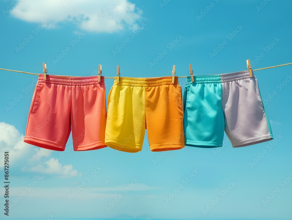 Four colorful swim trunks hanging on a clothesline against a bright blue sky. Four colorful swim trunks hanging on a clothesline against a bright blue sky.