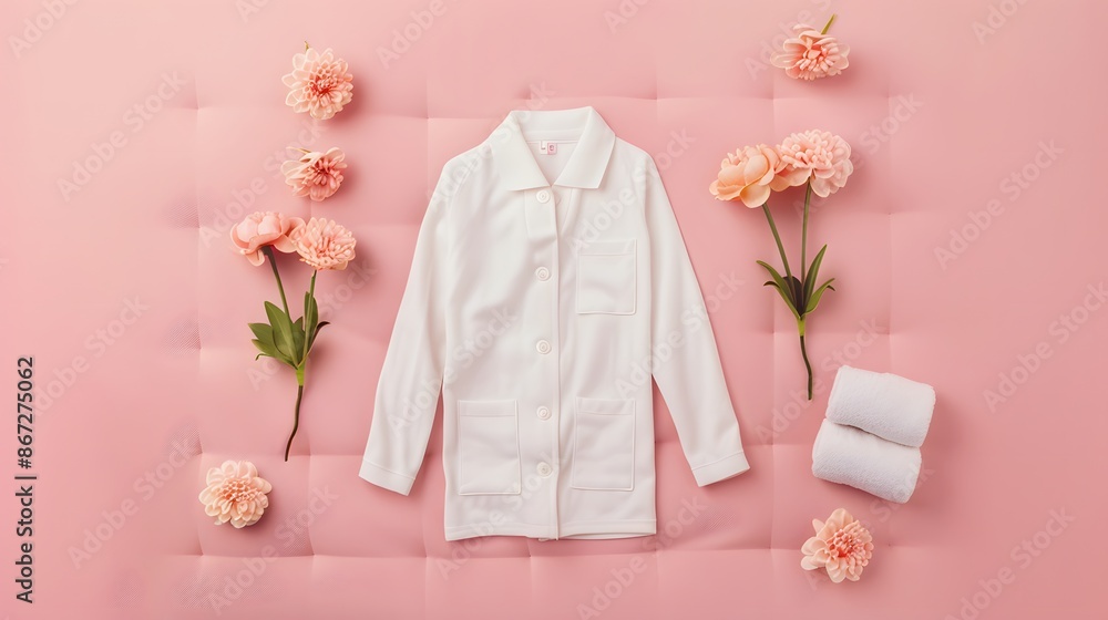 White long-sleeved shirt on a pink background with flowers and a white rolled towel. White long-sleeved shirt on a pink background with flowers and a white rolled towel.
