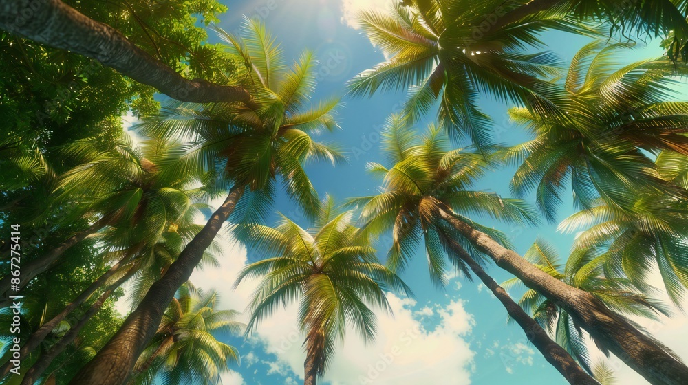 Fototapeta premium the grandeur of the coconut palms as you look up from the sandy shores, their towering forms reaching towards the heavens, a testament to the beauty and resilience of nature.