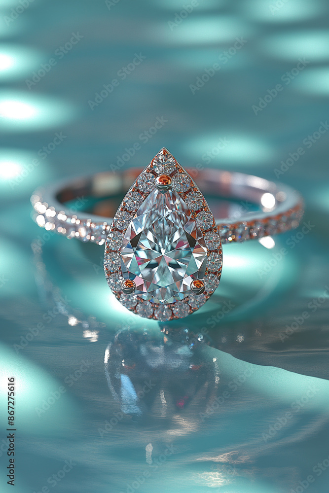 Simple Design of a Large Pear Shaped Cut Diamond Engagement Ring on Tiffany Blue Background
Simple Design of a Large Pear Shaped Cut Diamond Engagement Ring on Tiffany Blue Background