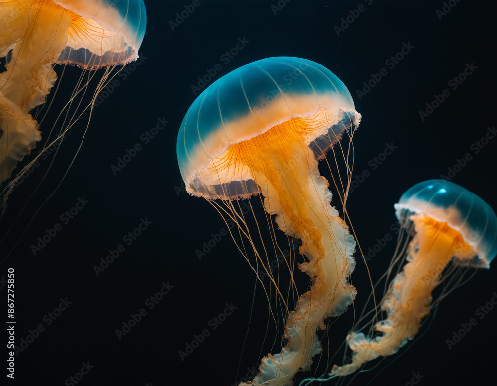 Beautiful Orange Jellyfish in Deep Blue Waters Beautiful Orange Jellyfish in Deep Blue Waters