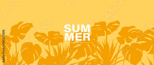 Summer bright tropical yellow background with monstera leaves and other tropical plants. Botanical vector illustration