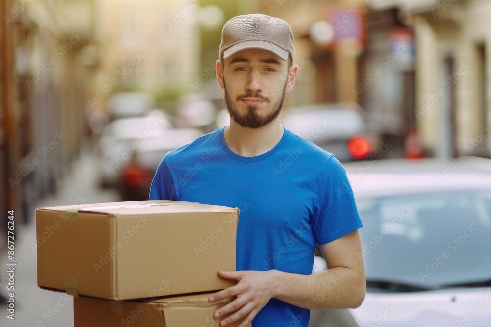 Delivery Man Holding Cardboard Boxes in Urban Setting Delivery Man Holding Cardboard Boxes in Urban Setting