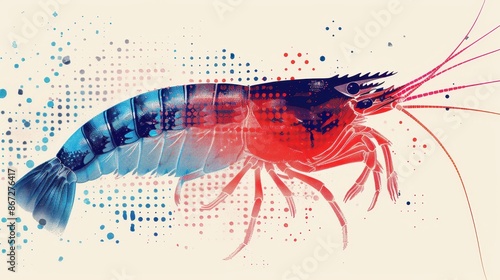 Vibrant Digital Illustration of a Shrimp with Abstract Patterns and Colorful Dots on a Light Background photo