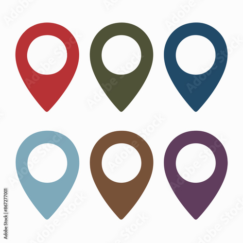 Six location markers, each in a distinct color. These markers are designed as pin-like shapes with a circular hole in the center. They are arranged in two rows, with three markers in each row.  photo