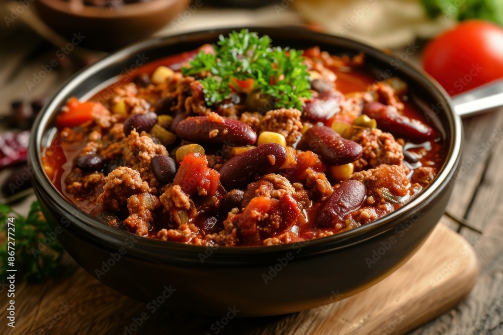 Hearty bowl of chili con carne is garnished with fresh parsley and ready to be enjoyed Hearty bowl of chili con carne is garnished with fresh parsley and ready to be enjoyed