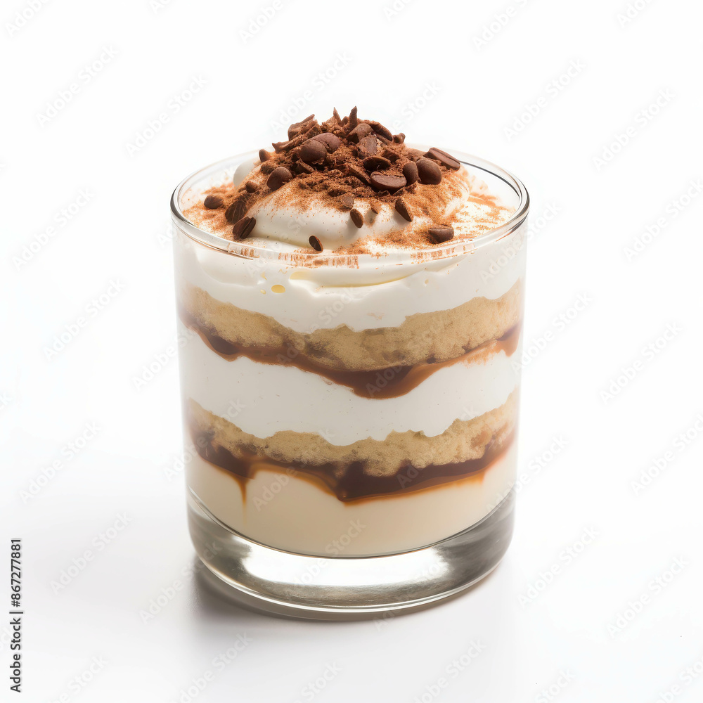 Layered Dessert Glass with Cream, Chocolate, and Biscuits Topped with Cocoa and Chocolate Chips Layered Dessert Glass with Cream, Chocolate, and Biscuits Topped with Cocoa and Chocolate Chips