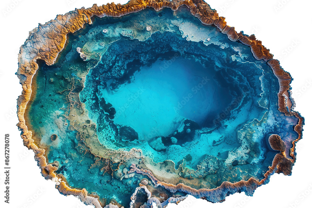Fototapeta premium Volcanic Oasis Crystal Clear Lake Formed in Crater isolated on transparent background