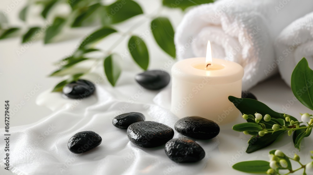 Spa Relaxation with Candle, Stones, and Towels Spa Relaxation with Candle, Stones, and Towels