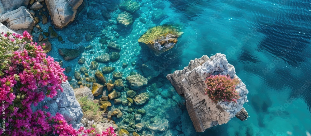 Aerial view of rocks with bougainvillea flowers beside a clear, transparent ocean with a blue serene water backdrop. Aerial view of rocks with bougainvillea flowers beside a clear, transparent ocean with a blue serene water backdrop.