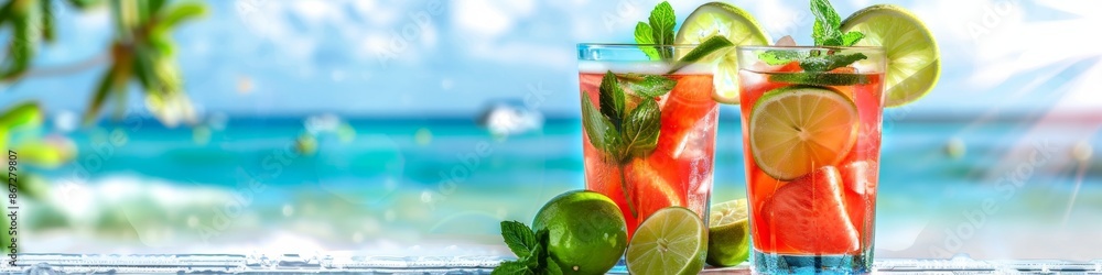 Fototapeta premium banner with Tropical guava mojito with mint leaves and lime, vibrant and refreshing, beach background,