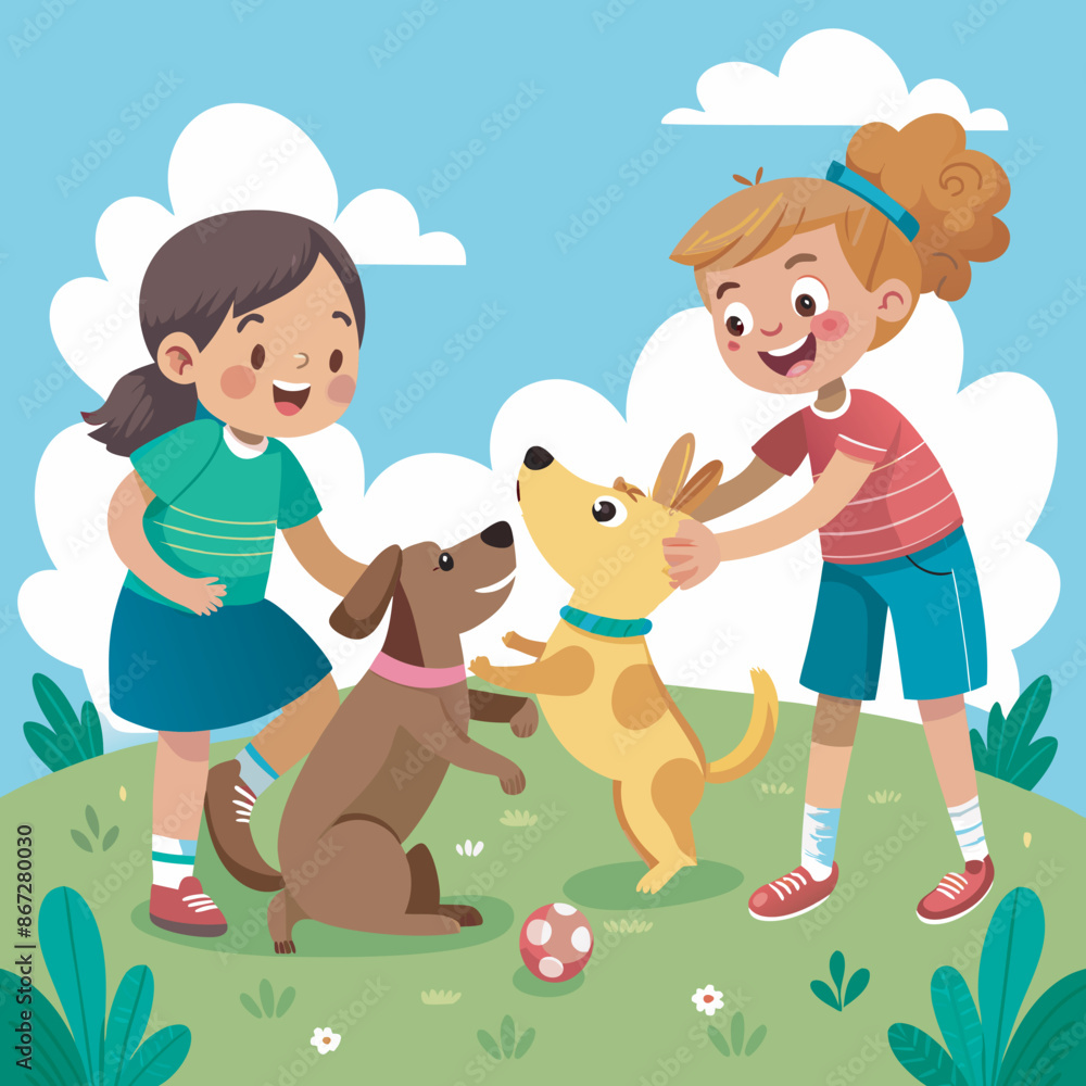 kids play with pet dog vector illustration kids play with pet dog vector illustration