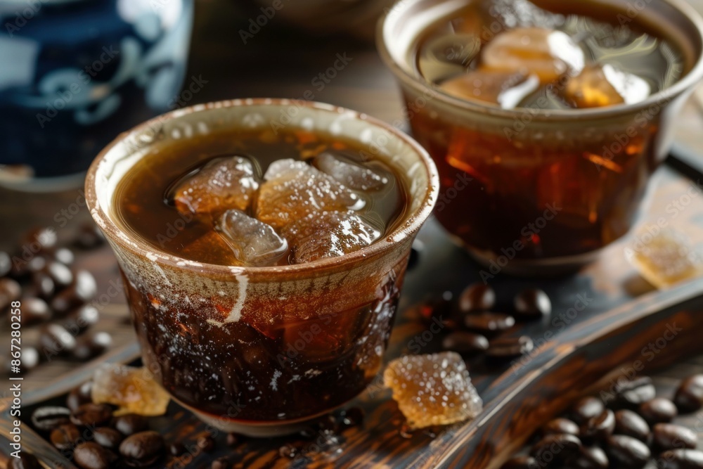Refreshing cold coffee served in rustic cups with ice cubes and brown sugar Refreshing cold coffee served in rustic cups with ice cubes and brown sugar