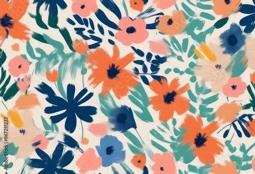 A seamless pattern of colorful floral brush strokes on a light linen texture background