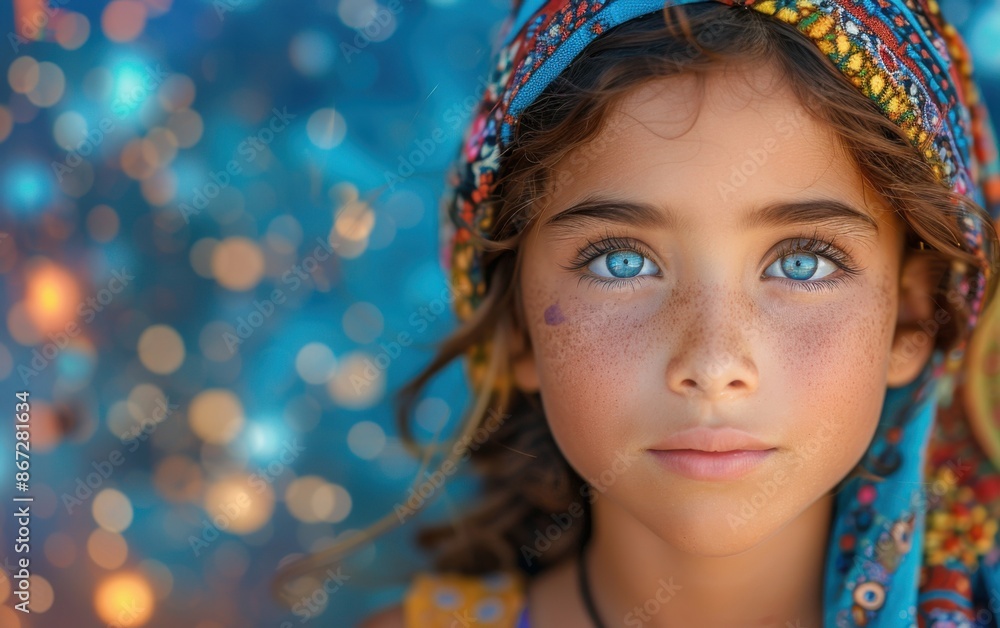A close-up portrait of a young girl with bright blue eyes and a colorful headscarf, against a blurred background of blue and orange bokeh A close-up portrait of a young girl with bright blue eyes and a colorful headscarf, against a blurred background of blue and orange bokeh
