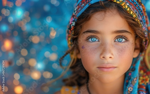 A close-up portrait of a young girl with bright blue eyes and a colorful headscarf, against a blurred background of blue and orange bokeh