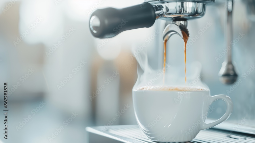 Close-up of espresso pouring smoothly from a professional coffee machine, rich crema forming in the cup, steam rising, set in a trendy cafe with modern decor Close-up of espresso pouring smoothly from a professional coffee machine, rich crema forming in the cup, steam rising, set in a trendy cafe with modern decor