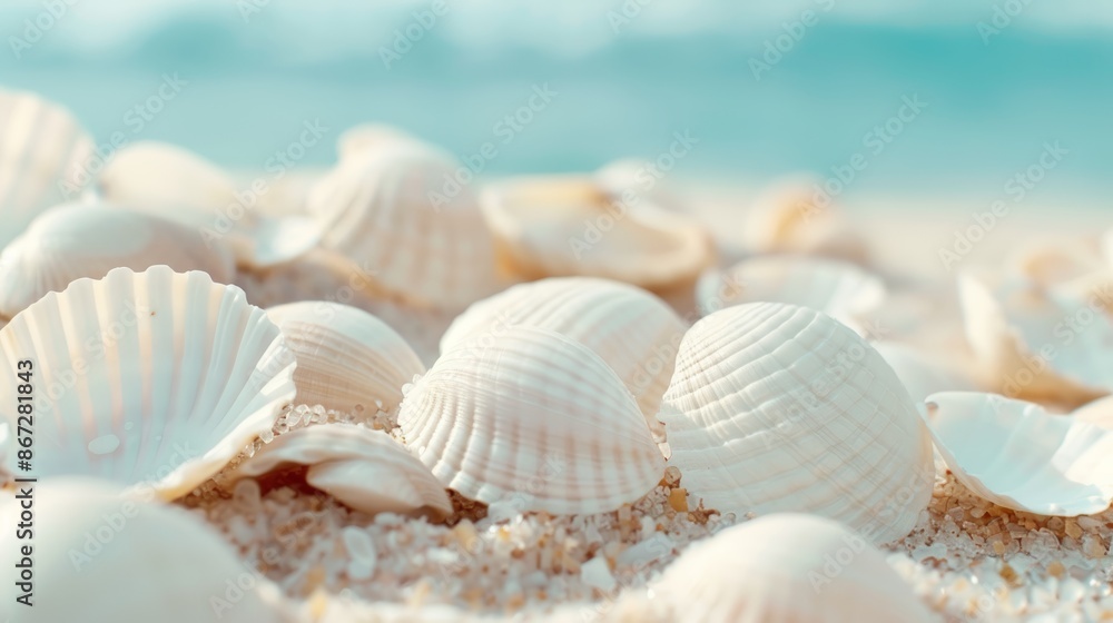 Close-up of seashells on seashore, beach holiday scene, perfect for summer vacation promotions, vivid details Close-up of seashells on seashore, beach holiday scene, perfect for summer vacation promotions, vivid details