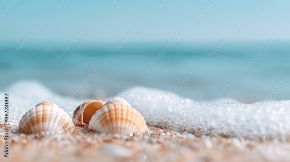 Close-up of seashells on seashore, beach holiday scene, perfect for summer vacation promotions, vivid details Close-up of seashells on seashore, beach holiday scene, perfect for summer vacation promotions, vivid details