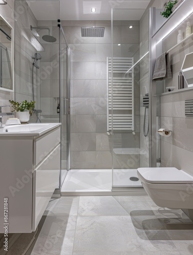 a modern bathroom with a shower and toilet photo