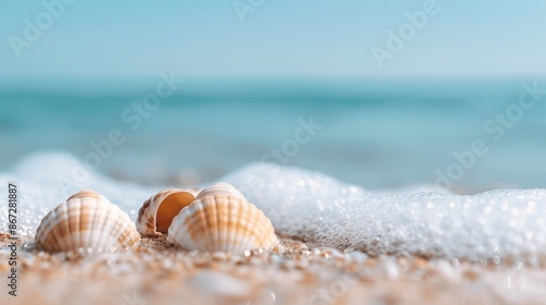 Close-up of seashells on seashore, beach holiday scene, perfect for summer vacation promotions, vivid details © JP STUDIO LAB