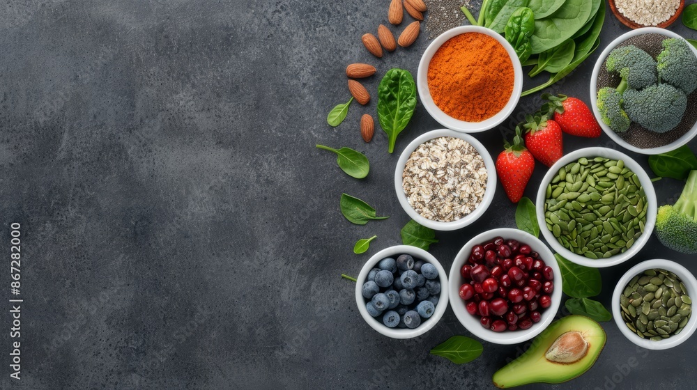 Colorful selection of clean eating foods, leafy greens, fruits, seeds, superfoods, and cereals on a textured gray surface, highlighting National Eat Your Vegetables Day