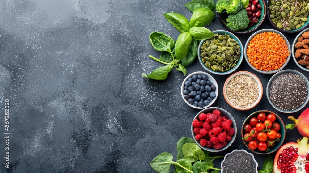 Colorful selection of clean eating foods, leafy greens, fruits, seeds, superfoods, and cereals on a textured gray surface, highlighting National Eat Your Vegetables Day Colorful selection of clean eating foods, leafy greens, fruits, seeds, superfoods, and cereals on a textured gray surface, highlighting National Eat Your Vegetables Day