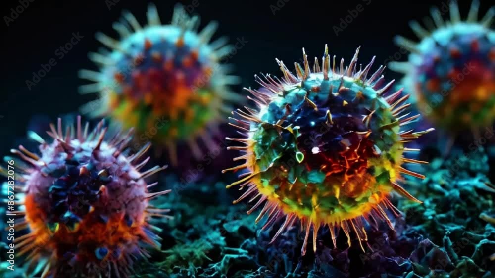 4K looping video: Vivid spiked spheres mimicking microscopic viruses in green, yellow, and blue hues against a dark backdrop. Digital art highlights education and disease awareness, striking pathogen 4K looping video: Vivid spiked spheres mimicking microscopic viruses in green, yellow, and blue hues against a dark backdrop. Digital art highlights education and disease awareness, striking pathogen