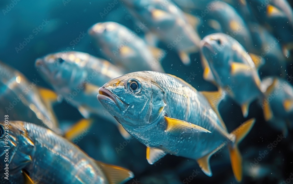 A close-up shot of a school of silver fish swimming in blue water A close-up shot of a school of silver fish swimming in blue water