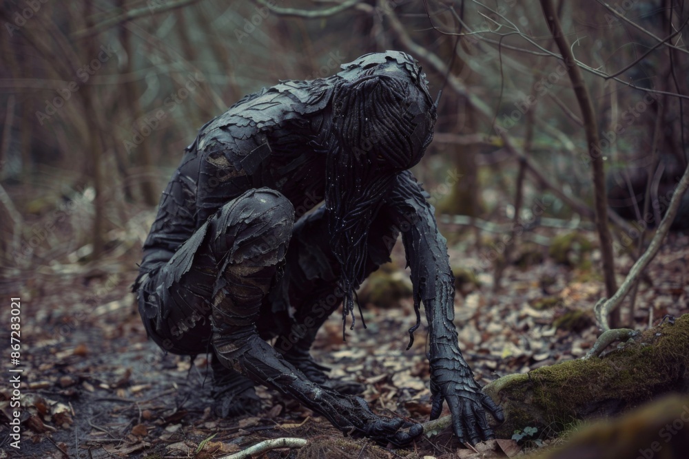 Obraz premium Hunched black creature with textured skin crawling through a misty forest floor