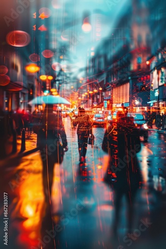 blurred image of people walking down a street at night photo