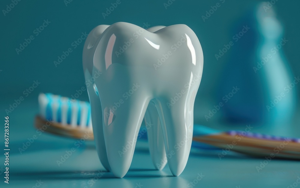 A white tooth model with a toothbrush in the foreground against a blue background A white tooth model with a toothbrush in the foreground against a blue background