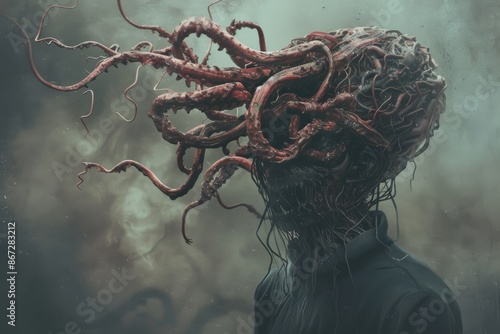 Terrifying creature with tangled tentacles emerging from its head in a misty background