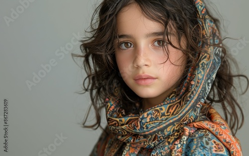 A young girl with long, wavy brown hair is wearing a colorful scarf and looking directly at the camera