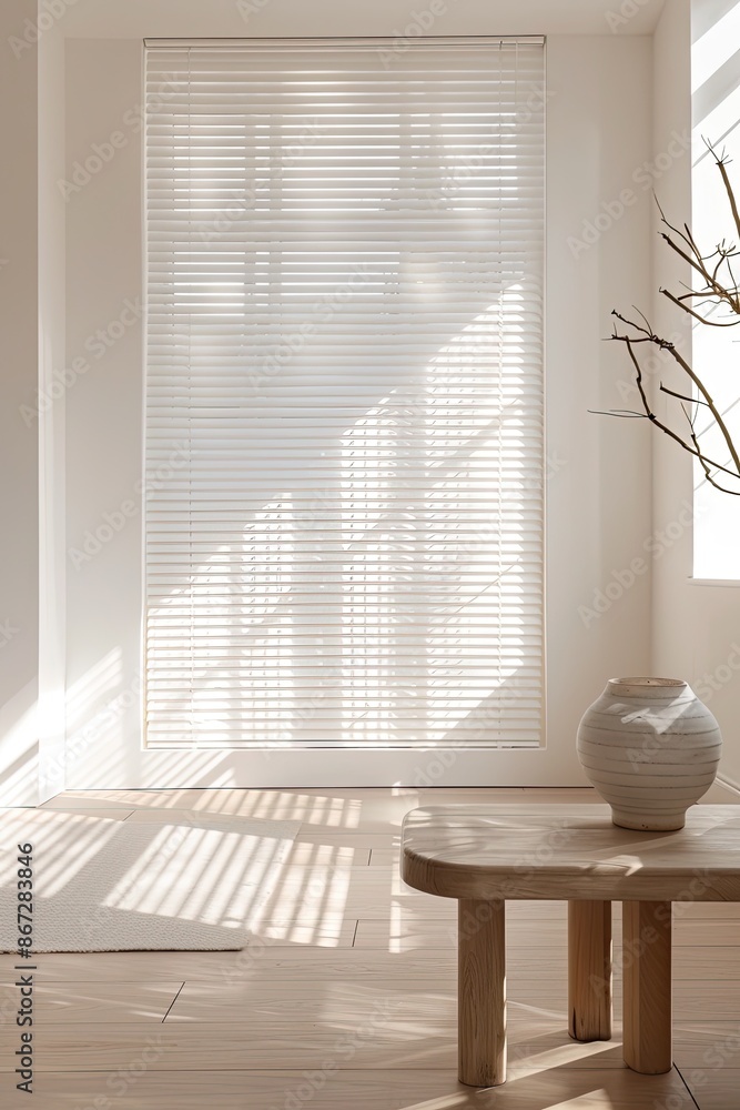 interior of modern living room with white sofa and window blinds interior of modern living room with white sofa and window blinds