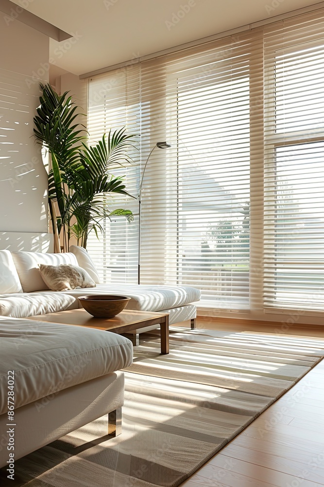 interior of modern living room with white sofa and window blinds interior of modern living room with white sofa and window blinds