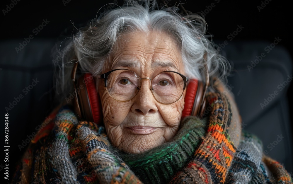 A close-up image of an elderly woman with grey hair wearing glasses and headphones. She is wrapped in a blanket and looking directly at the camera A close-up image of an elderly woman with grey hair wearing glasses and headphones. She is wrapped in a blanket and looking directly at the camera
