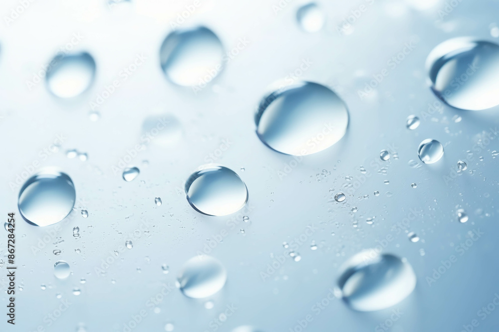 Close-Up of Water Droplets on Glass Surface with a Soft Blue Background Close-Up of Water Droplets on Glass Surface with a Soft Blue Background