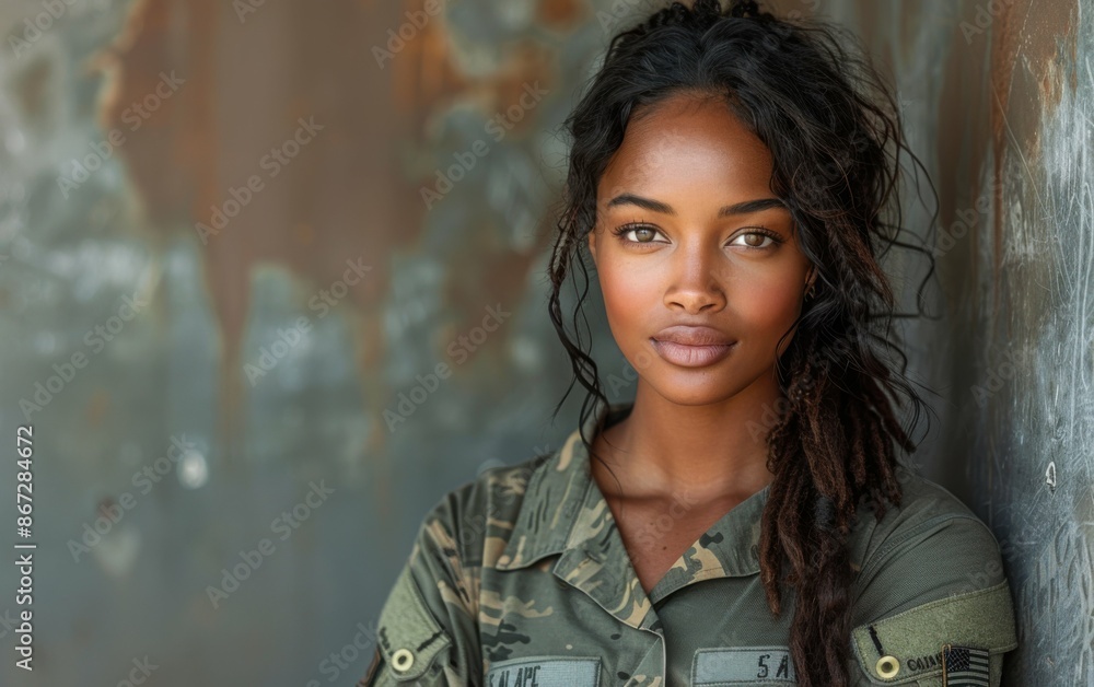 A young woman in military uniform stands against a wall, looking directly at the camera A young woman in military uniform stands against a wall, looking directly at the camera