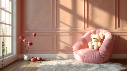 Photo of a modern children's room with a pastel-colored wall mock-up, cute toys, and an armchair on the floor. The interior has a minimalist style in light beige tones.