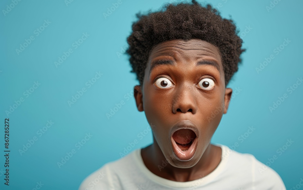 A young Black man with a surprised expression against a blue background A young Black man with a surprised expression against a blue background