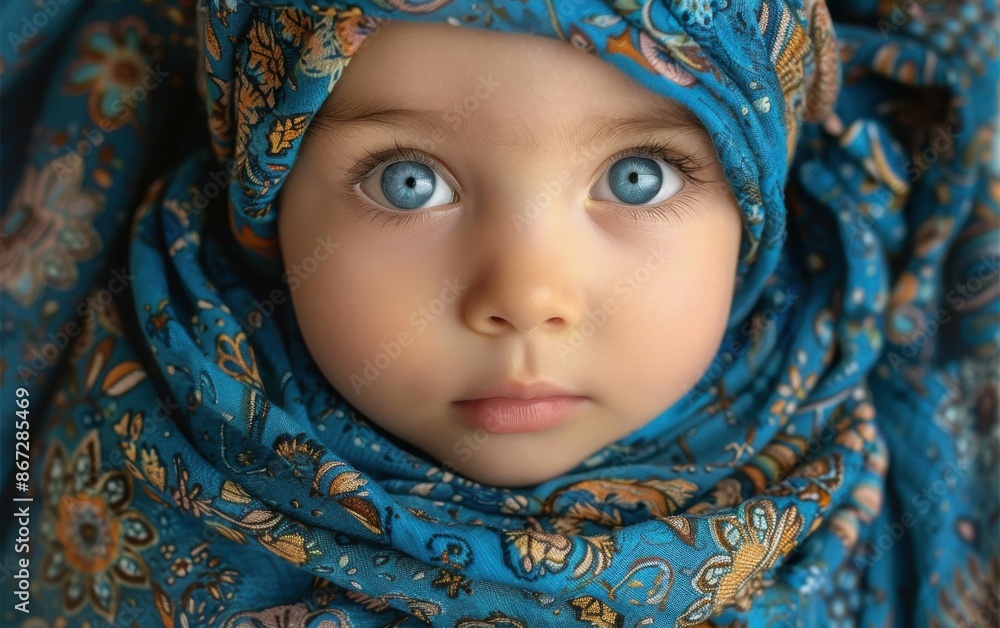 A close-up portrait of a young toddler girl wearing a blue floral scarf. Her eyes are wide open, and her expression is calm A close-up portrait of a young toddler girl wearing a blue floral scarf. Her eyes are wide open, and her expression is calm