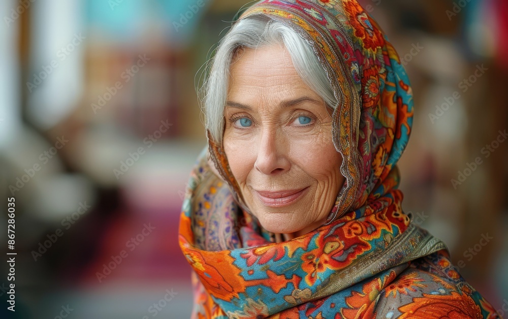 A close-up portrait of a senior woman with gray hair, wearing a vibrant patterned scarf, looking directly at the camera with a warm smile A close-up portrait of a senior woman with gray hair, wearing a vibrant patterned scarf, looking directly at the camera with a warm smile