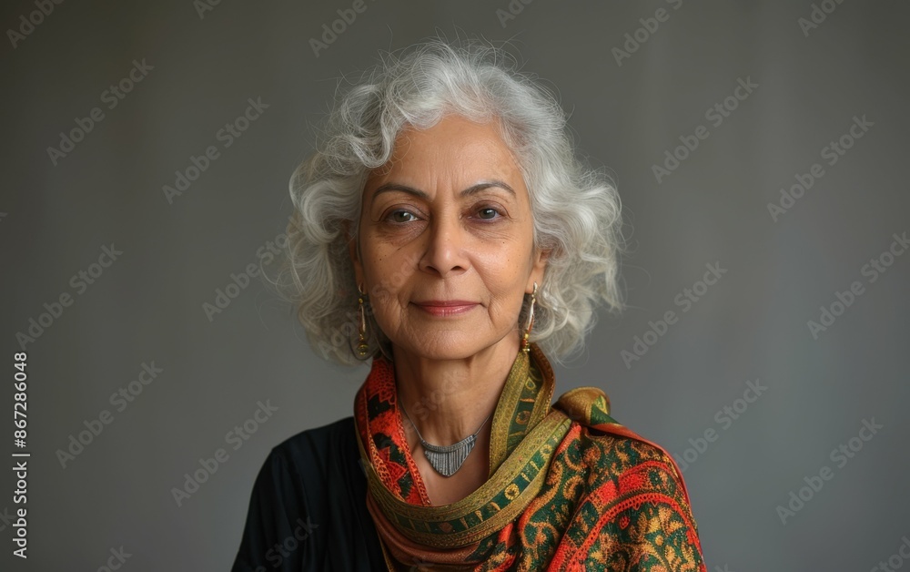 A close-up portrait of an older woman with gray, curly hair wearing a colorful scarf and looking directly at the camera A close-up portrait of an older woman with gray, curly hair wearing a colorful scarf and looking directly at the camera