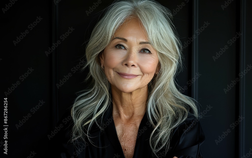 Fototapeta premium A woman with long, gray hair smiles gently at the camera