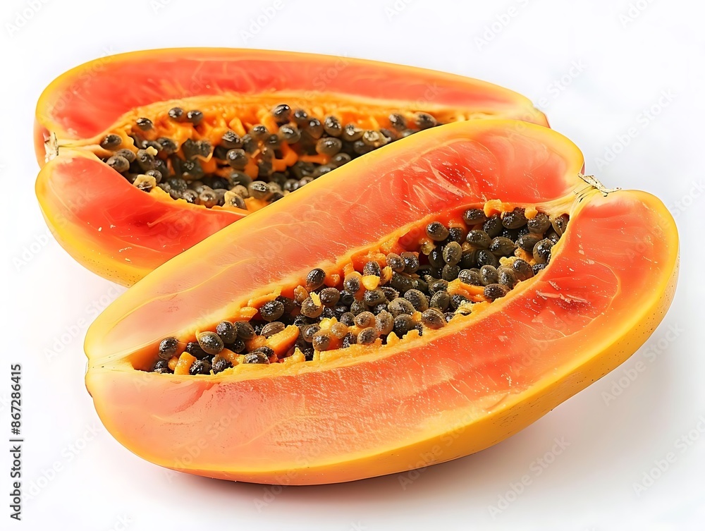 Two Halves of Ripe Papaya with Seeds - Realistic Image Two Halves of Ripe Papaya with Seeds - Realistic Image
