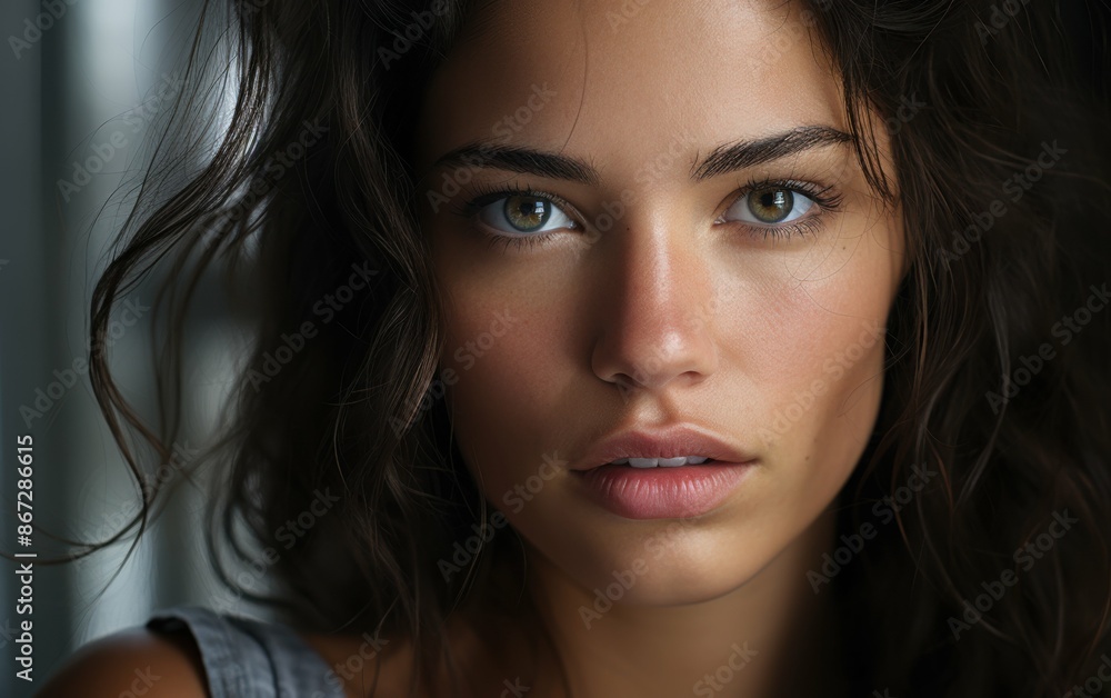 A close-up portrait of a young woman with long dark hair and intense green eyes, captured in soft lighting A close-up portrait of a young woman with long dark hair and intense green eyes, captured in soft lighting
