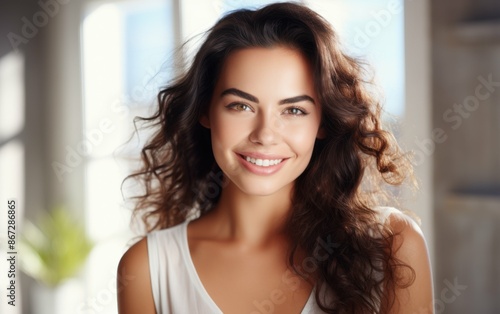 A woman with long brown hair smiles at the camera in front of a window