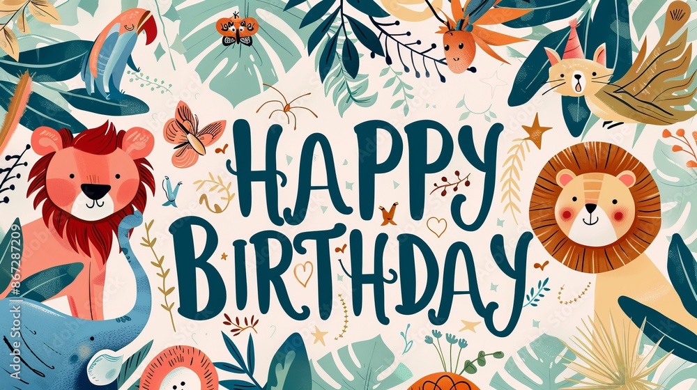 Naklejka premium Happy Birthday Jungle Animals Card