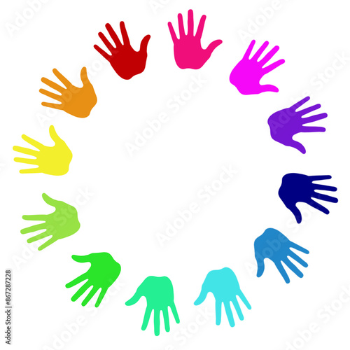 Multi coloured painted handprints arranged in a circle on transparent background 